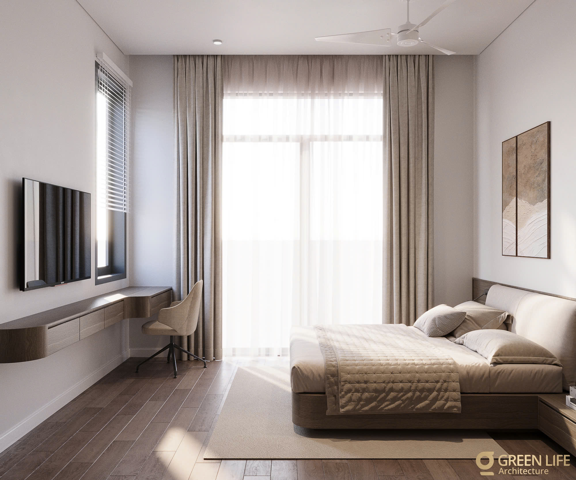 Bố trí bàn làm việc cạnh giường – tối ưu diện tích khi xây nhà phố phong cách hiện đại.
